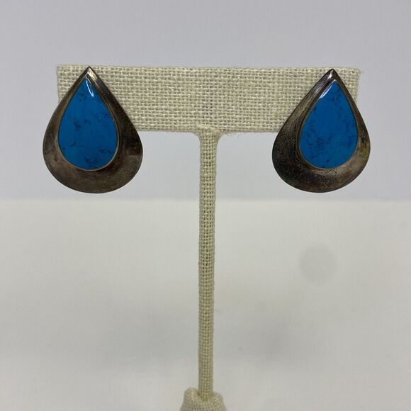 Sterling Silver Turquoise Teardrop Earrings Posts Pierced Vintage - Picture 1 of 9